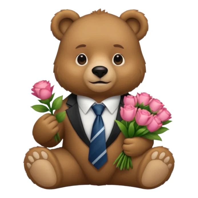 A bear sitting down wear a tie and holding a 💐 sticker