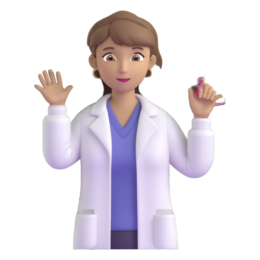 middle-aged science teacher, light brown hair in ponytail with bangs, brown eyes, standing by a chalkboard with science formulas sticker