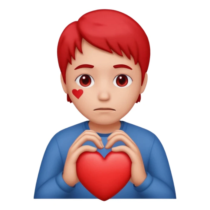 A red emoji that is sad and has a hand making a heart sticker