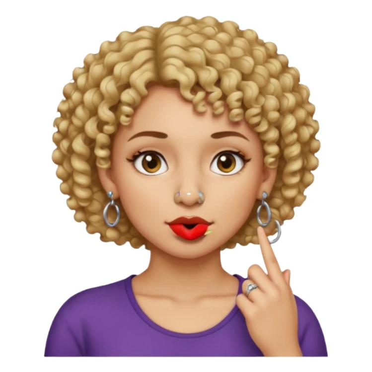 faça uma mulher com o cabelo curtinho cacheado com piercing no nariz e brincos e o dedo indicador no canto da boca sticker