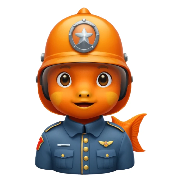 goldfish dressed as a soldier, wearing a helmet, iOS emoji style sticker