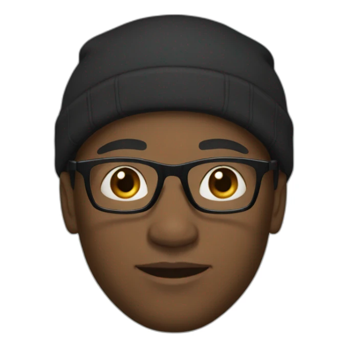 Light skinned black man with small eyes wearing glasses, a black cap, and a hoodie sticker