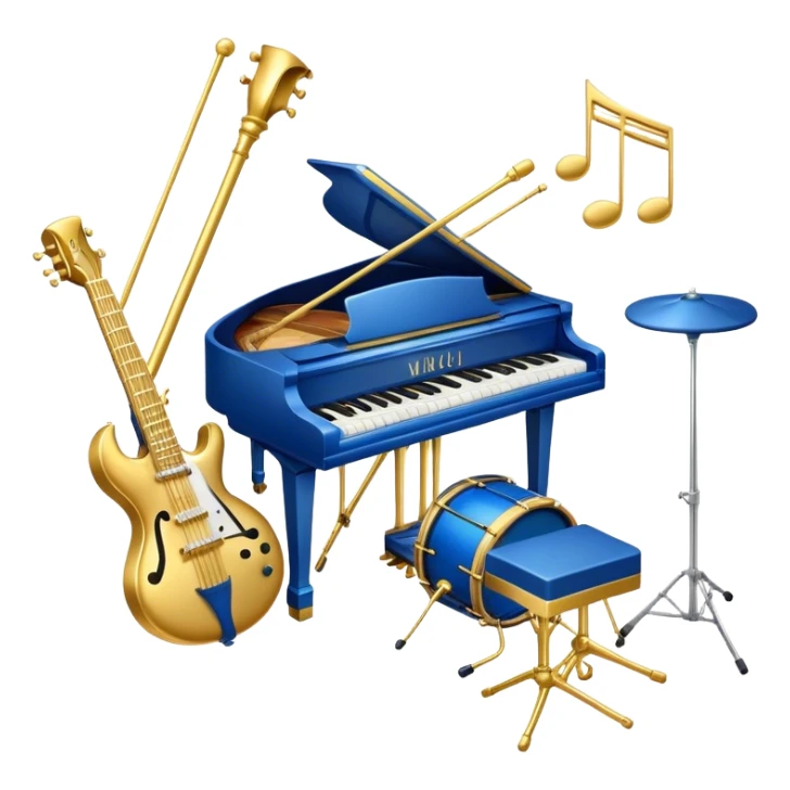 Create an elegant and artistic emoji that represents music arrangement and orchestration. The design should feature musical notes, a set of piano keys, a drum set, and an electric guitar to symbolize the diverse elements of orchestration and arrangement. Include a conductor's baton to emphasize the role of a conductor in bringing all the instruments together. Use a mix of rich colors like gold, silver, and deep blue for sophistication, and add flowing lines to represent the harmony between different instruments. The background should be transparent. sticker