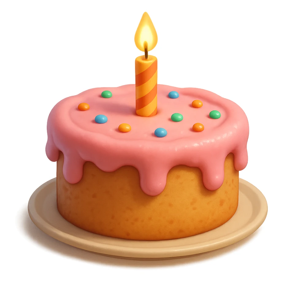 Draw a Pixar-style birthday cake with pink cream and a single candle sticker