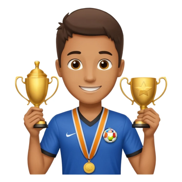 Happy light soccer player with a first-place medal and a trophy
 sticker