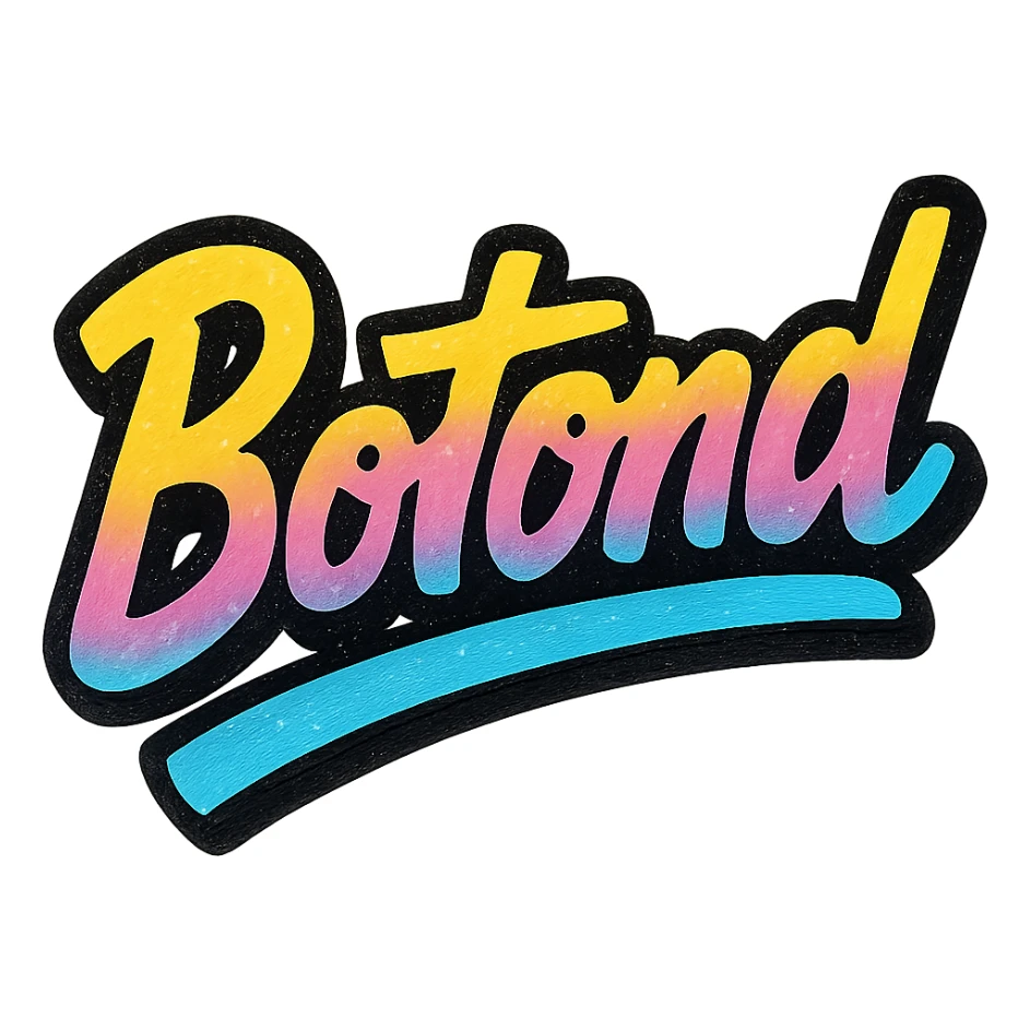 The name 'Botond' in a modern, colorful gradient font with a dark outline, dynamic, slanted or partial underline, in the style of reference patterns. sticker