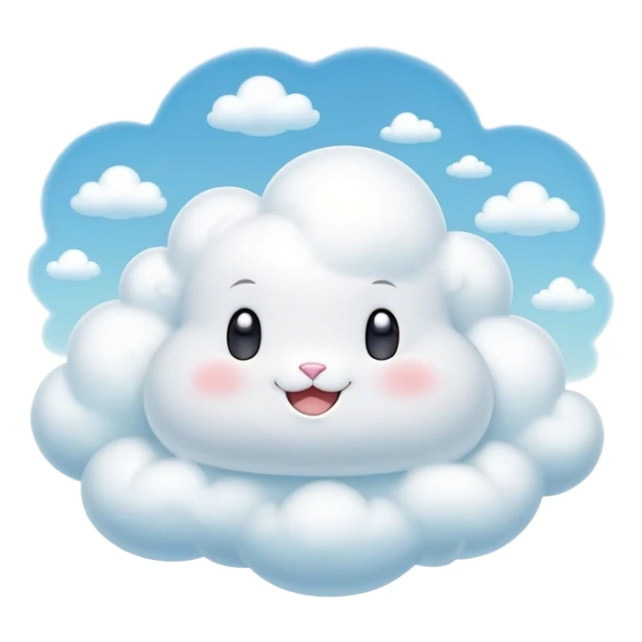 Cinematic tiny puffy bunny-shaped cloud, floating gently in the sky, soft glowing light, tiny rounded ears, smiling face, dreamy and magical. sticker