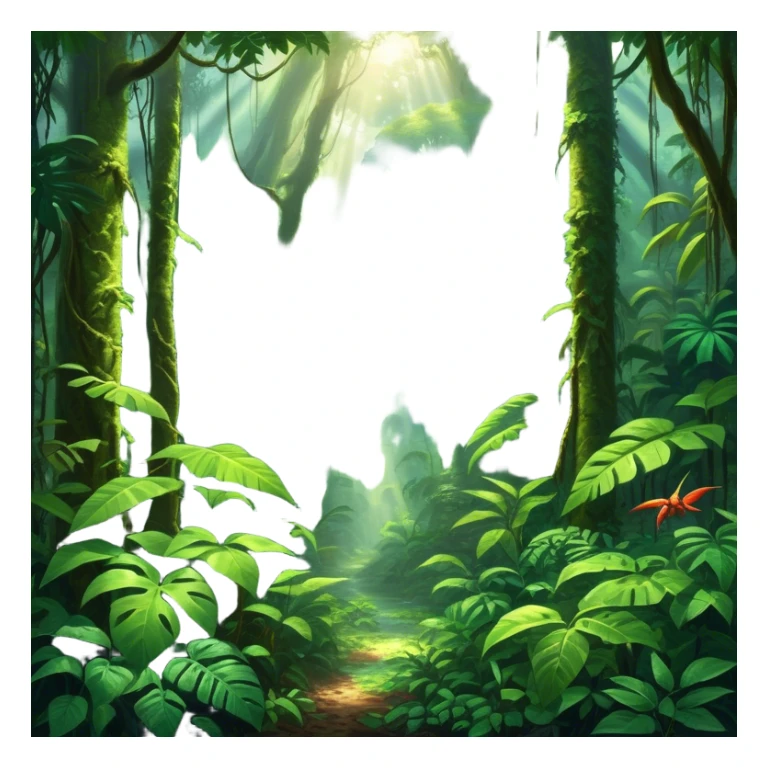 Cinematic Realistic Rainforest Emoji, Lush and vibrant, filled with towering trees, thick vines, and dense green foliage, sunlight filtering through the canopy above, creating dappled patches of light on the rich, diverse undergrowth. The air is heavy with moisture, with mist rising from the forest floor and distant calls of exotic birds and animals echoing through the trees. Soft glowing outline, capturing the essence of a thriving, untamed tropical paradise filled with life! sticker