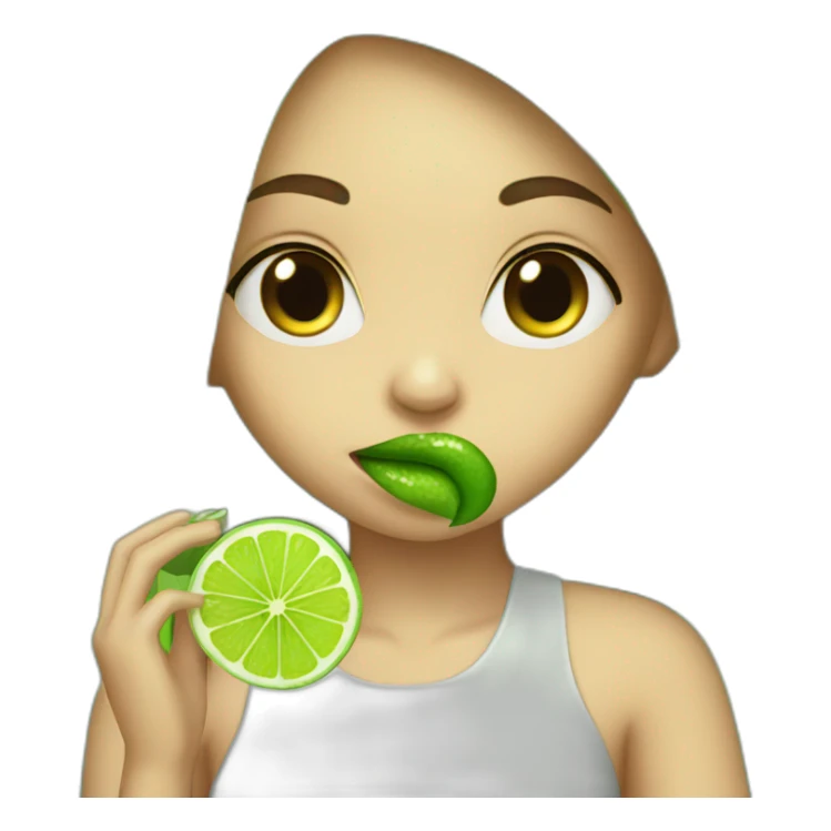 girl with green lips eating a lime sticker