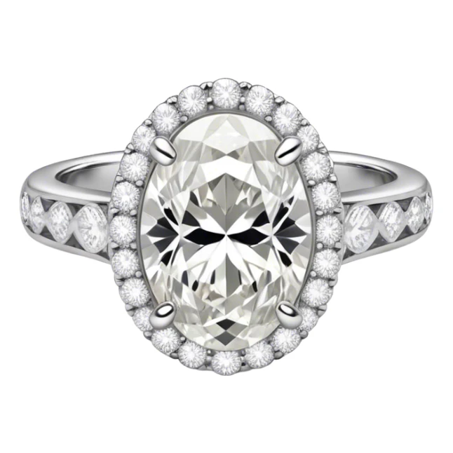 platinum oval diamond engagement ring with white diamond halo and white diamond band sticker