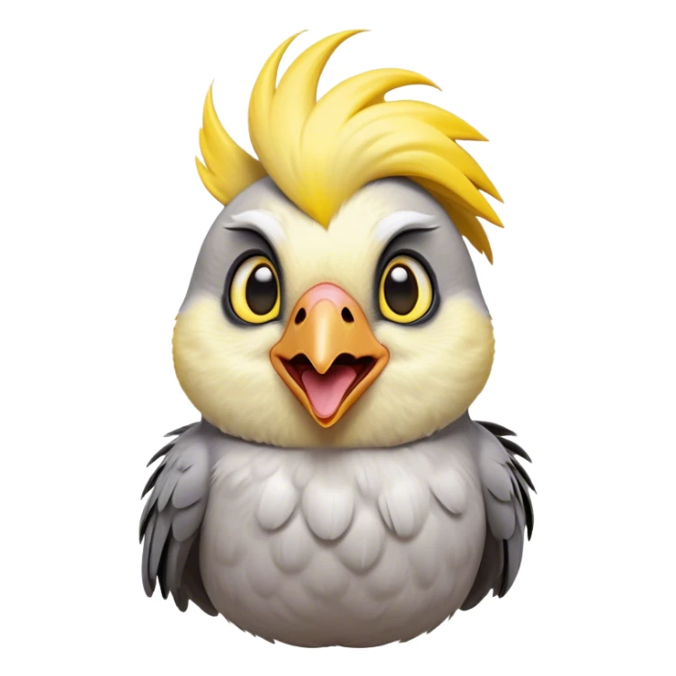 Cinematic Comical Cockatiel Portrait Emoji, Head tilted dramatically with an exaggeratedly amused expression, featuring a striking grey fur with bold yellow accents and a flamboyant crest, wide, expressive dark eyes filled with playful disbelief, Simplified yet hilariously expressive features, highly detailed, glowing with a slightly sassy glow, high shine, dramatic yet playful, stylized with an air of cheeky mischief, bright and endearing, soft glowing outline, capturing the essence of a spirited and over-the-top cockatiel, so meme-worthy it feels like it could side-eye its way into internet fame instantly! sticker