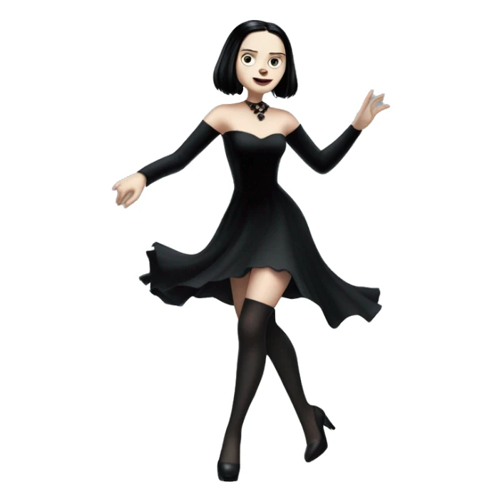 Wednesday Addams dancing with wolves. Longer hair, short black flowing strapless evening gown with  plunging neckline that’s off-the-shoulders that also shows her legs and black shiny velvet high heel shoes. sticker