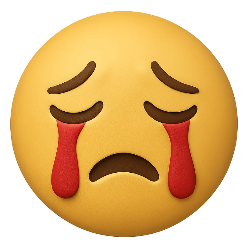 yellow crying face emoji, matte finish, red tears, no background sticker