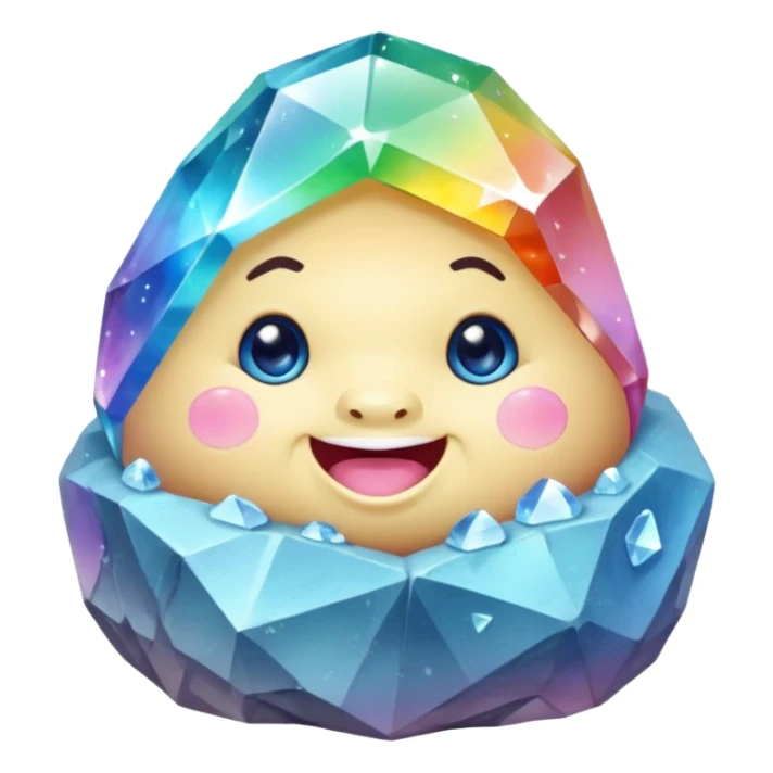 A single pastel rainbow crystal baby rock character, chubby and heavy with a chunky, irregular polygon shape, not egg-shaped, covered in faceted crystal planes and small chips, soft blue face carved into the rock, big glossy rainbow eyes and a small smiling mout sticker