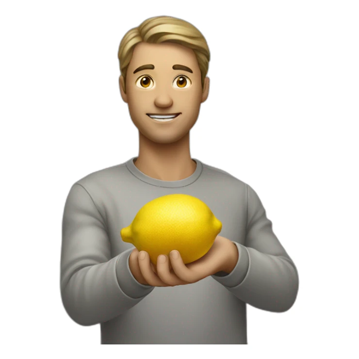 a man holding a lemon with his left hand and pointing at it with his doingt in front of him sticker