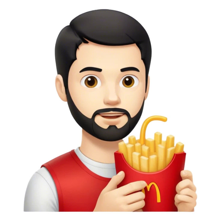 young white man with black short beard and short black hair eating mc Donald’s  sticker