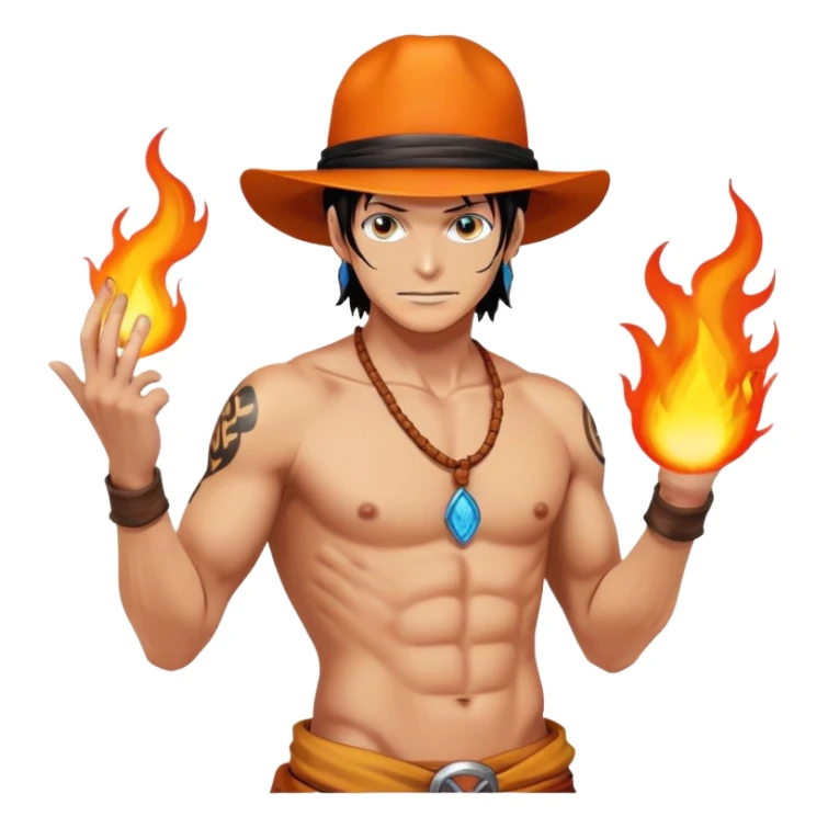 Portgas D. Ace with orange hat, shirtless with ASCE tattoo, fire powers sticker