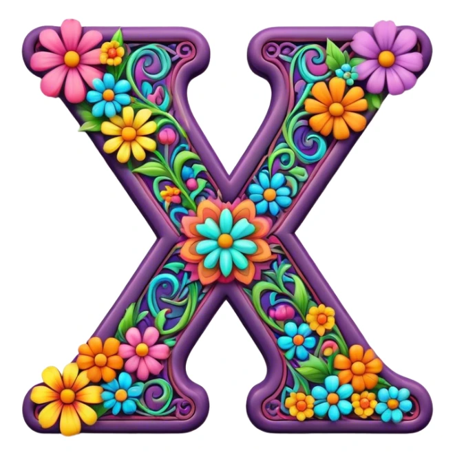 3D, gothic style psychedelic colored Letter X with hippie style flower border sticker