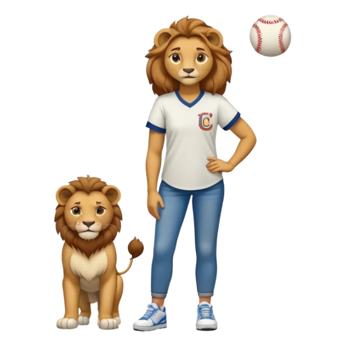 confident anthropomorphised female lion wearing a baseball shirt, jeans, and trainers, showing comfort and support to another character sticker