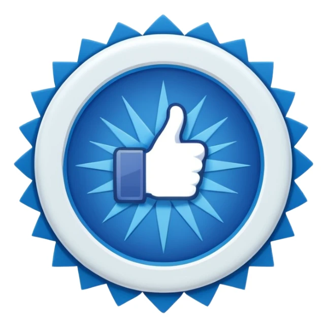 “An emoji-style image of a Facebook-like verified badge. It should be a bright blue, scalloped circle (starburst shape) with a white check mark in the center. The design should be clean, minimal, and modern, similar to official social media verification icons sticker