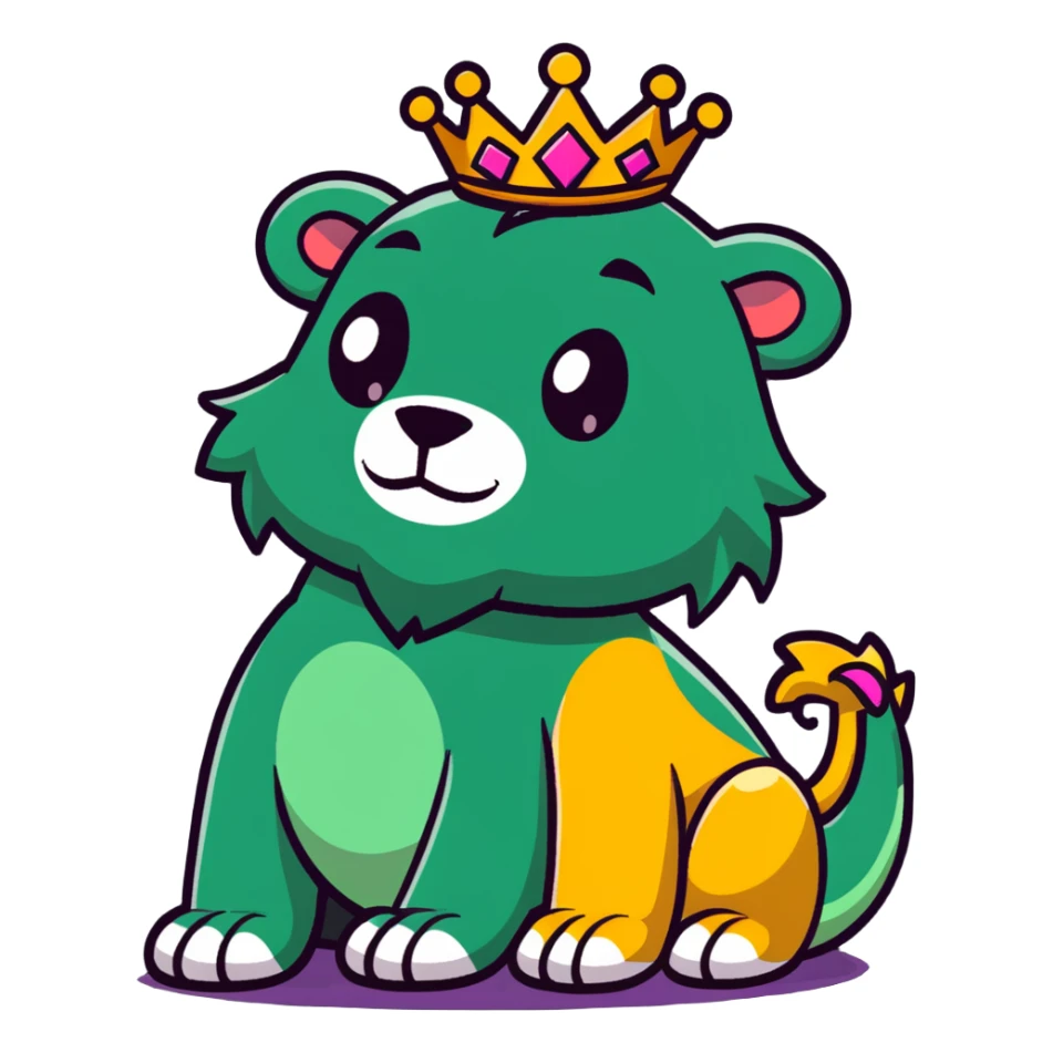 A majestic lion king with a crown facing a colorful dinosaur sticker