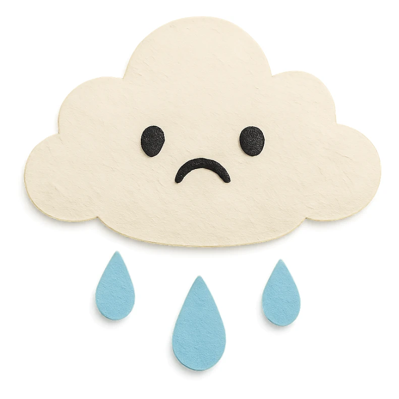 adorable pastel white cloud, crying gentle blue raindrops, no arms or legs, full body, kawaii paper craft style sticker