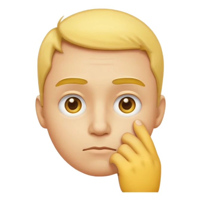 a detailed 3D render of a thoughtful face emoji, yellow round face with raised eyebrows, one hand touching chin, expressive eyes, digital art style, clean background sticker