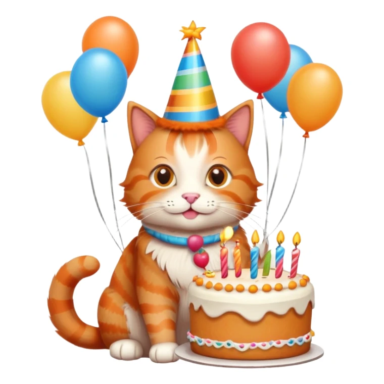 Ginger cat celebrates birthday, birthday hat, birthday cake, balloons, happy sticker