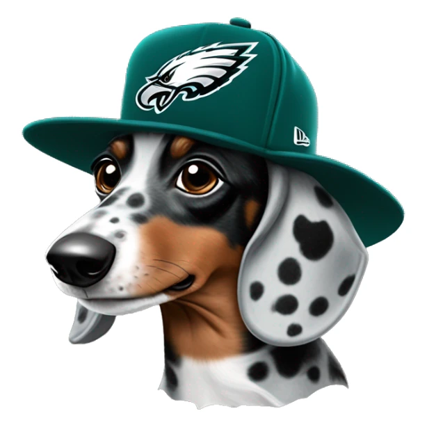 Miniature Blue Merle  Light Tri Brown and Black Spotted Dachshund wearing Philadelphia Eagles Hat with C on it sticker
