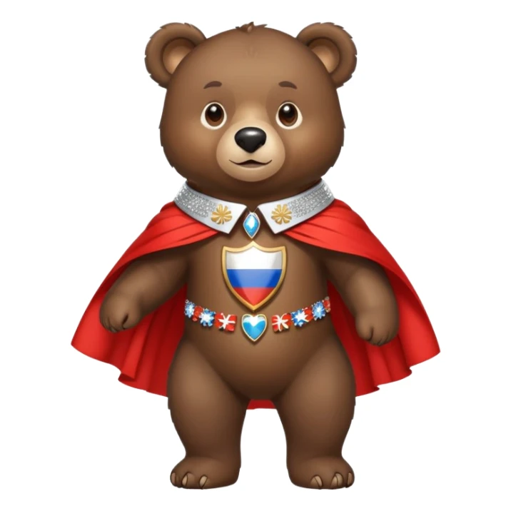 Medium-dark brown bear on all four legs with a sparkling diamond collar or necklace around its neck, Russian flag cape on its back sticker