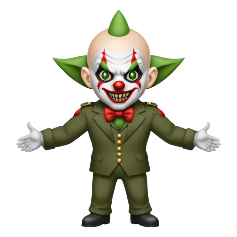 evil clown, bald, short devil horns on forehead, fangs, pointed ears, black and military green leisure suit, battle-ready fighting posture sticker