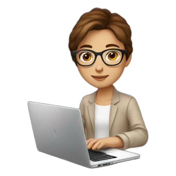 young causcasian designer, brown hair, tortoise square eyeglasses,  working on laptop sticker