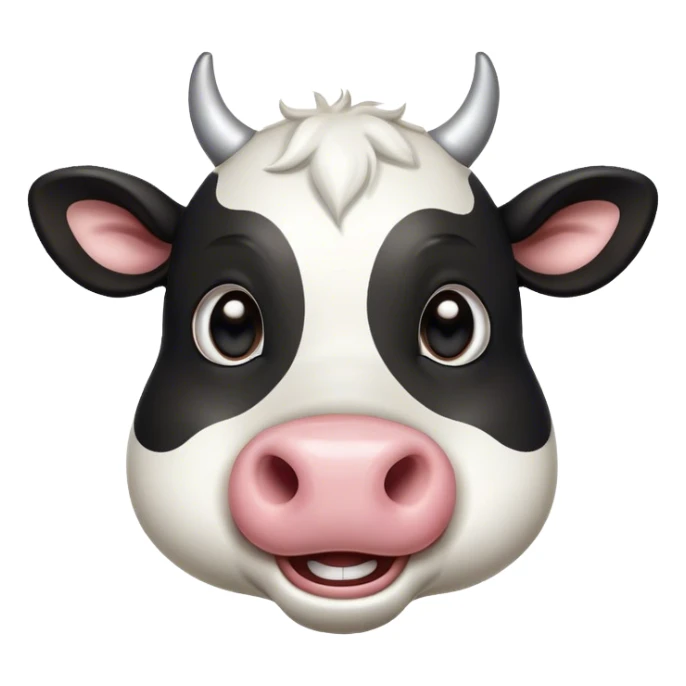 Cinematic Comical Black and White Cow Portrait Emoji, Head tilted dramatically with an exaggeratedly amused expression, featuring a striking, glossy coat of bold black and white, wide, expressive brown eyes filled with playful disbelief, Simplified yet hilariously expressive features, highly detailed, glowing with a slightly sassy glow, high shine, dramatic yet playful, stylized with an air of cheeky mischief, bright and endearing, soft glowing outline, capturing the essence of a spirited and over-the-top cow, so meme-worthy it feels like it could moo its way into internet fame instantly! sticker