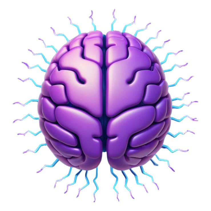 AI-themed emoji: a glowing digital brain with blue and purple neural lines, surrounded by electric sparks representing artificial intelligence. Detailed style, minimalistic background. sticker