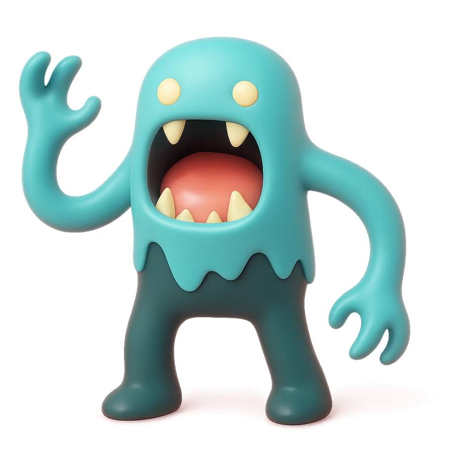 terrifying monster with elongated limbs, gaping mouth with sharp fangs, glowing eyes, shadowy body, toy-like vinyl figure sticker