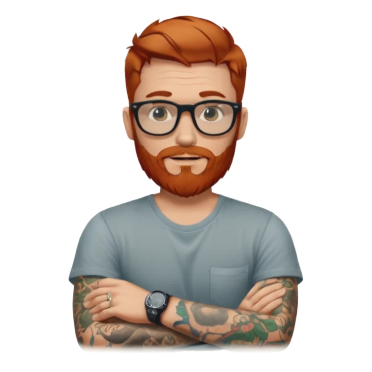 Svelte looking redhead man with sleeve tattoos and a beard and rayban glasses, 38 years old but younger looking sticker