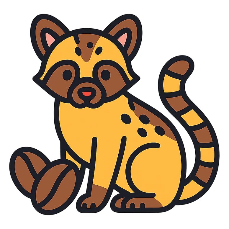 luwak civet with coffee beans, color outline icon, playful, clear details, transparent background sticker