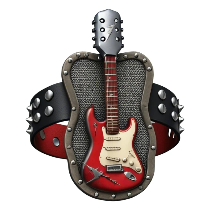 Create a powerful and dynamic humanless emoji representing rock vocals. The design should feature a classic vintage microphone with a rugged, distressed look, surrounded by elements like a guitar pick, electric guitar neck, and sound waves to reflect the raw energy of rock music. Add subtle details such as a spiked bracelet, leather textures, or bold lightning bolts to evoke the rebellious and intense spirit of rock. Use dark, edgy colors like black, red, silver, and metallic accents to emphasize the fierce, loud, and passionate nature of rock vocals. The background should be transparent. sticker