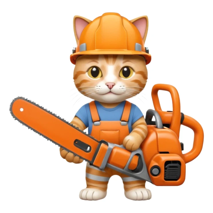 a cat in a construction helmet holds a chainsaw in his hands sticker