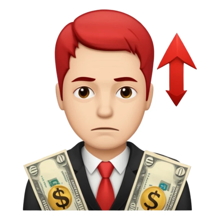 a man with money bills and a red down arrow next to him sticker