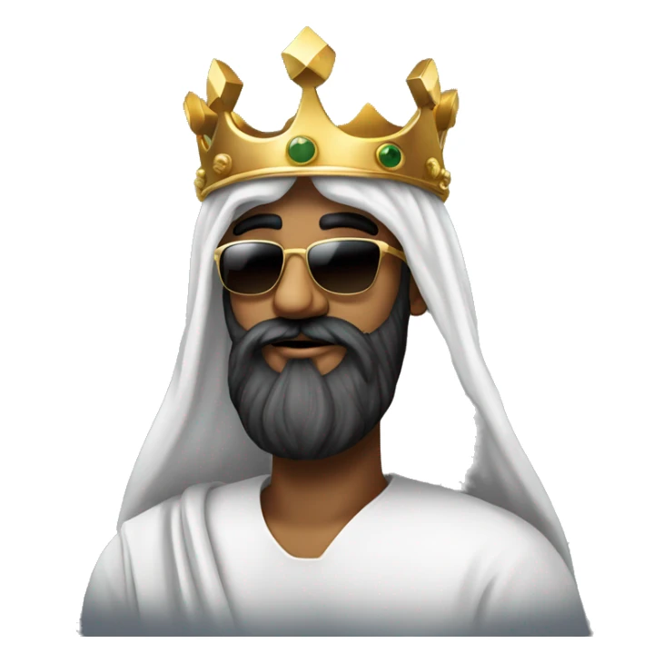 A man in an arafat with a large black beard and large square sunglasses, wearing a golden crown on top of the arafat sticker