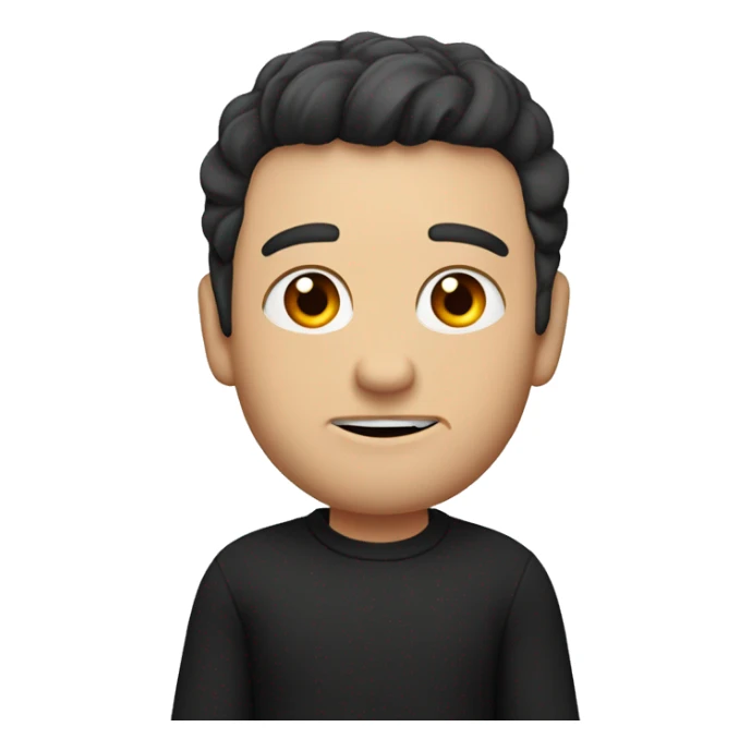 a white serious man with his right arm raised in the air, bent at the elbow, wearing a black sweatshirt with a red dragon, dark hair sticker