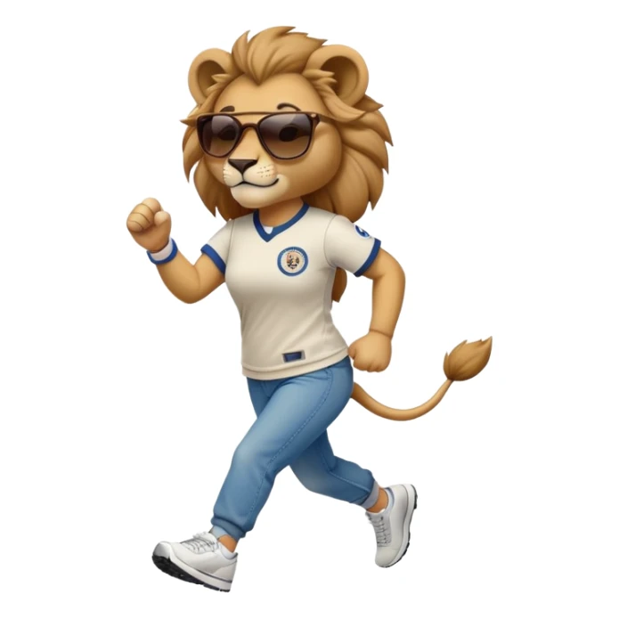 friendly anthropomorphised female lion wearing a baseball shirt, jeans, trainers, dark sunglasses, jogging upright, looking dominant and confident sticker