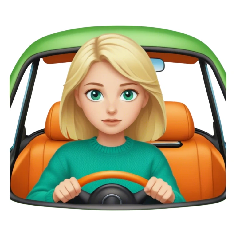 Cinematic realistic blonde with blue eyes, dressed in a green sweater, driving an orange car sticker