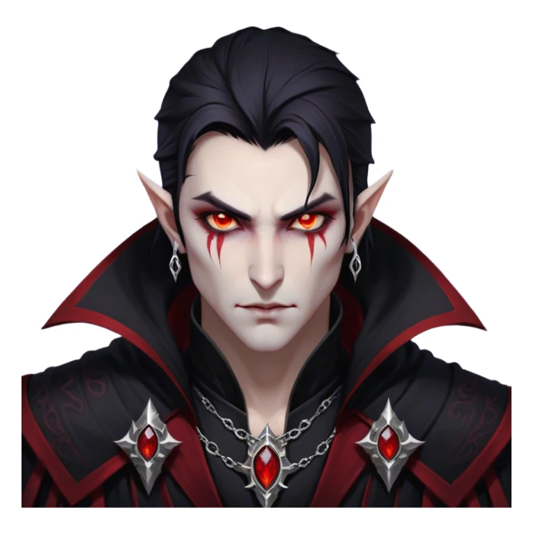 Cinematic Realistic WoW Vampire Mage Portrait, head tilted epicly and inquisitively, showcasing a commanding presence and ancient arcane mastery. His pallid skin and sleek dark hair are set against the intricately detailed black robe—with silver accents and mystical runes—that remains consistent in its shadowed elegance. His piercing crimson eyes blaze with forbidden power, rendered with dramatic, lifelike clarity and high shine, epic and awe-inspiring. sticker