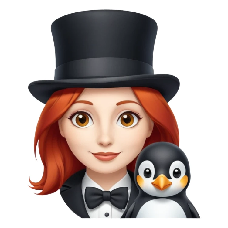 uma mulher feliz com cabelos ruivos e uma cartola com um pinguim sticker