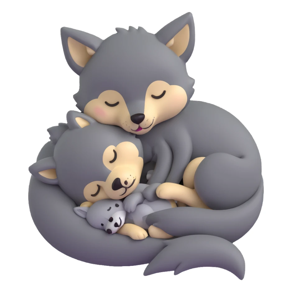 cute baby wolf sleeping with a little wolf stuffed animal sticker
