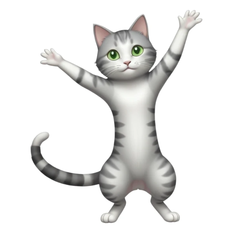 grey and white cat with green eyes doing a big extremely long stretch reaching up into the air with arms and legs side by side together straight and overextended sticker