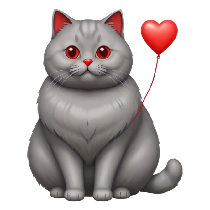 gray fat British cat and red heart metallic baloon sticker