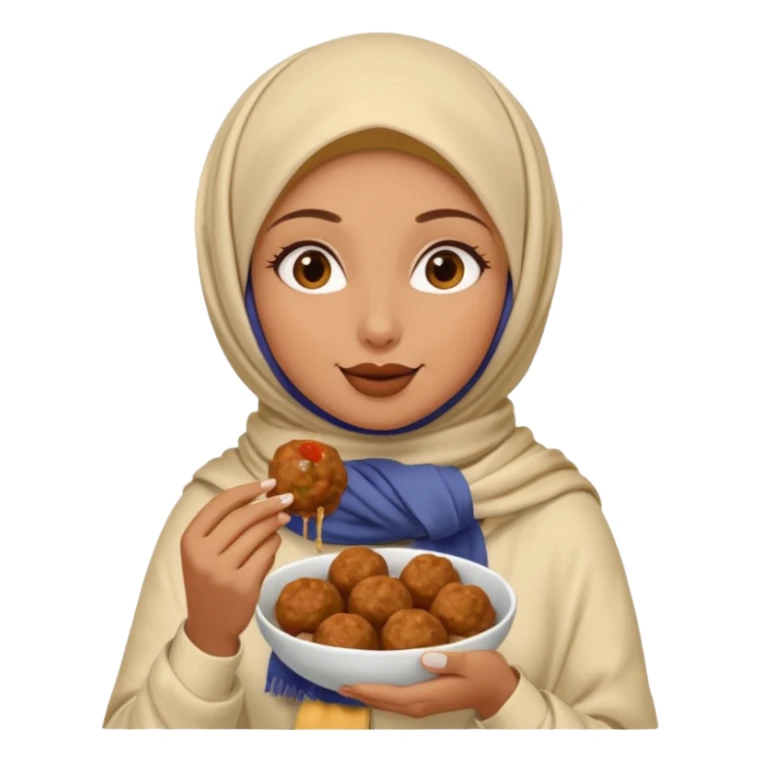 woman wearing a cream colored pashmina hijab eating meatballs sticker